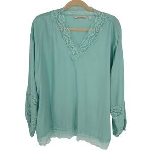 Soft Surroundings Lace Blouse Teal Green Long Sleeve Work Career Relaxed Size L